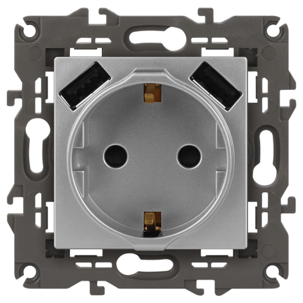 14-4109-03 ЭРА Розетка 2P+E 16A-250В, штор. с 2xUSB 5В-3А, Эра Elegance, алюминий
