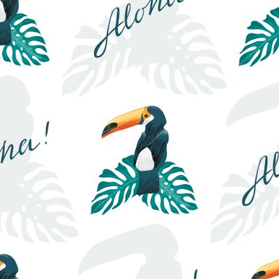 Aloha! Яркий тукан на листьях пальмы большой