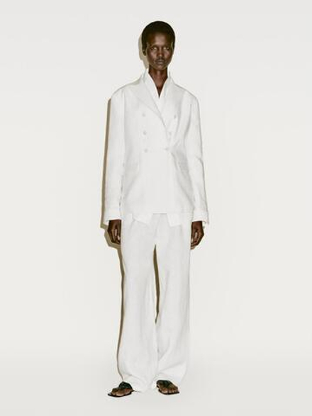 Massimo Dutti Приталенный двубортный льняной блейзер - Limited Edition, кремовый