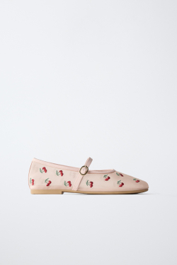ZARA БАЛЕТКИ С ВЫШИВКОЙ ВИШНИ, РОЗОВЫЙ