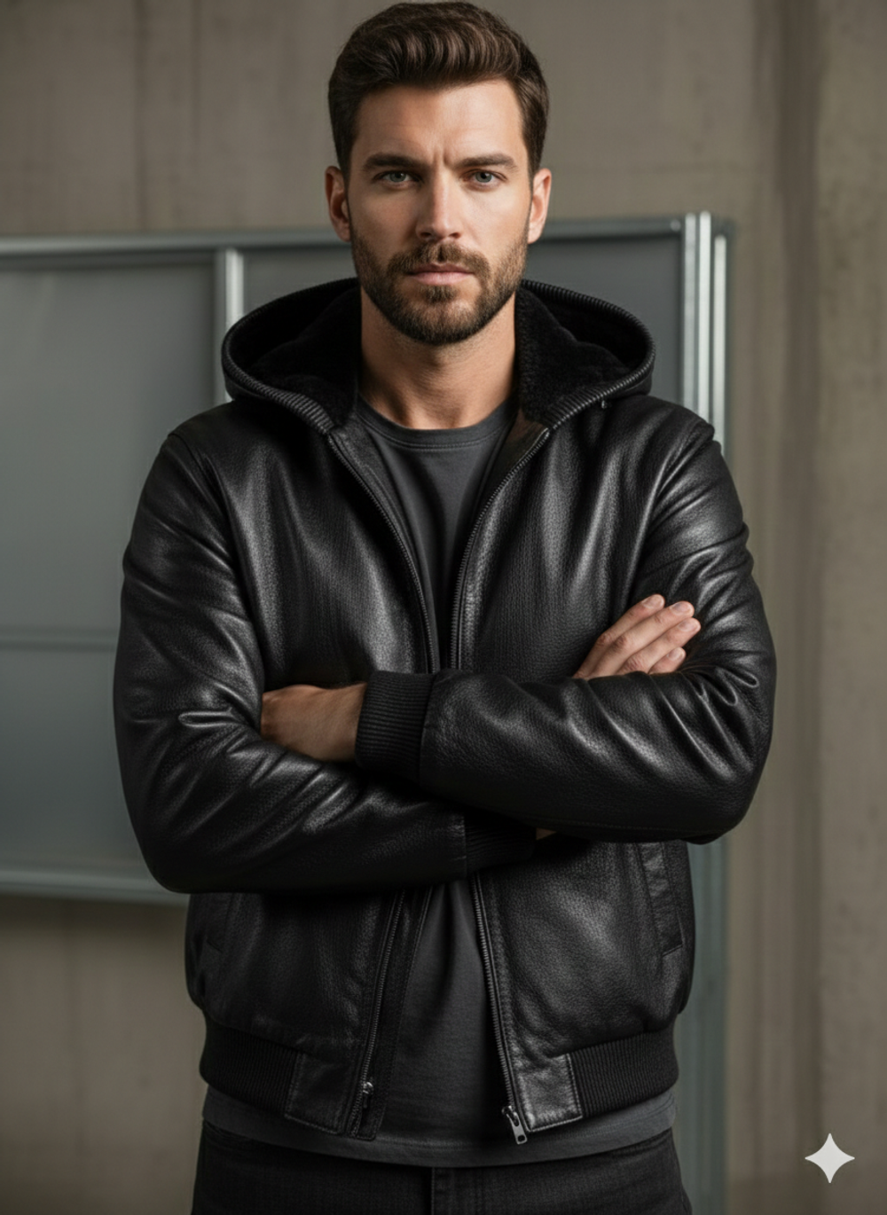 Куртка бомбер кожаная на меху с капюшоном