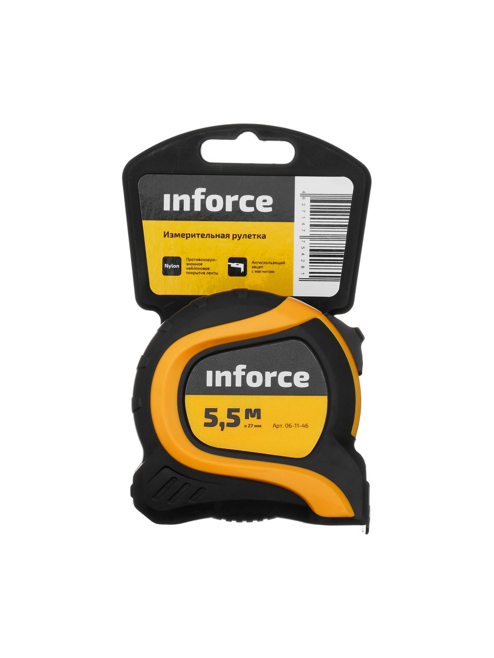 Измерительная рулетка с нейлоновой лентой и магнитным зацепом 5.5x27мм Inforce 06-11-46
