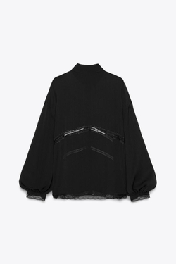 ZARA СТРУЯЩАЯСЯ РУБАШКА С КРУЖЕВОМ, ЧЕРНЫЙ