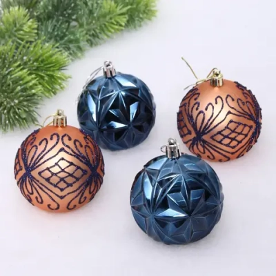 Новогодние шары 7 см (набор 4 шт) «Симфония леса», сапфир/шампань