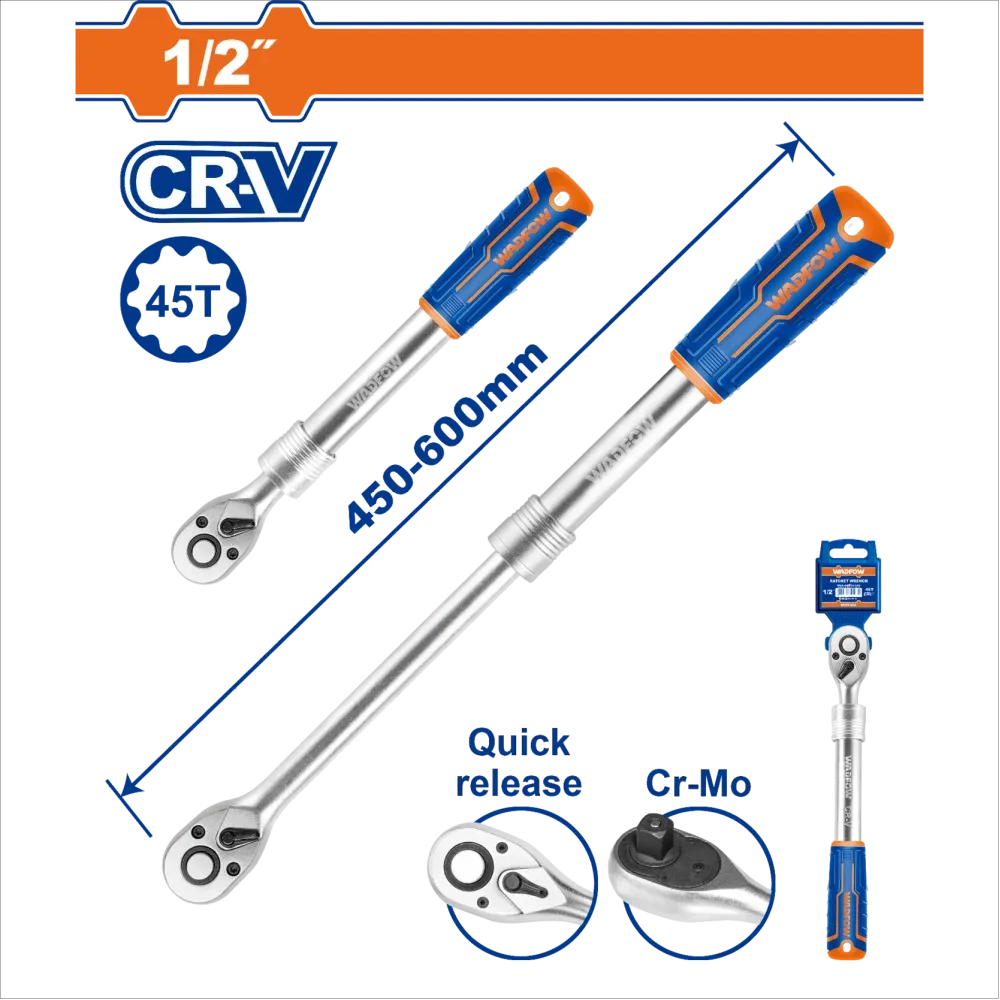 Трещоточный ключ телескопический WADFOW WRW6212 1/2" 450-600 мм