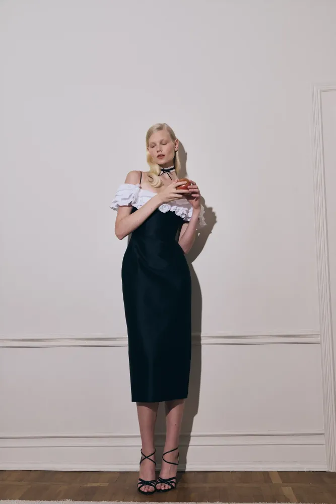 May midi, платье миди из черной тафты с розой