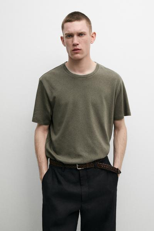Massimo Dutti Футболка из хлопка и льна с двойным воротом, хаки