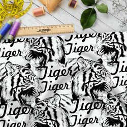 Ткань блэкаут белый тигр на белом фоне с надписями