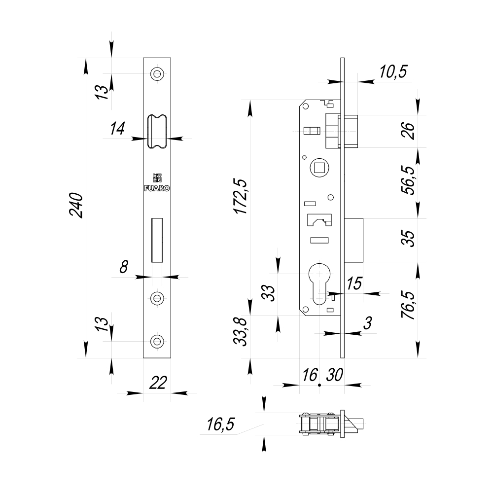 Корпус узкопрофильного замка с защелкой PROF153-30/85 (153-30/85) CP хром