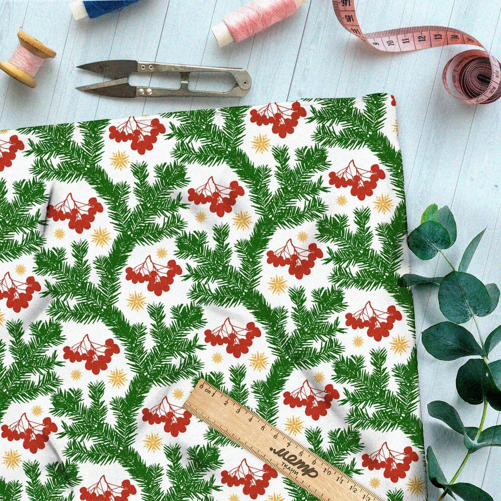 Ткань шифон узор из еловых веток и рябины