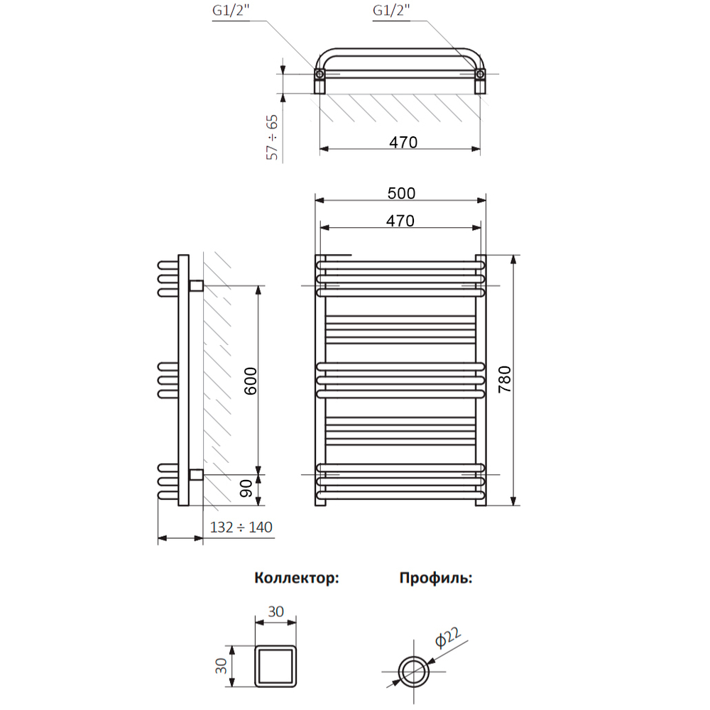Полотенцесушитель Terma POLA 780/500 RAL9005 черный матовый, (1 шт)