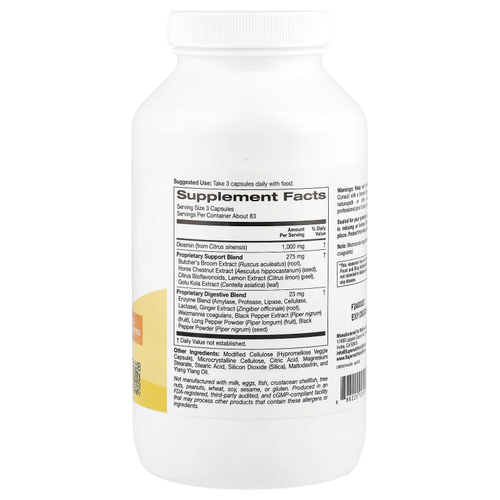 Super Nutrition, добавка для поддержки вен с диосмином, иглицей колючей, конским каштаном, биофлавоноидами и ферментами, 250 растительных капсул