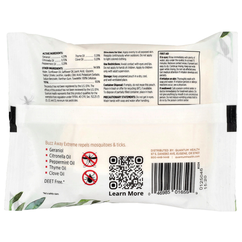 Quantum Health, Buzz Away Extreme®, средство от комаров и клещей, 20 салфеток, 73,2 г (2,58 унции)