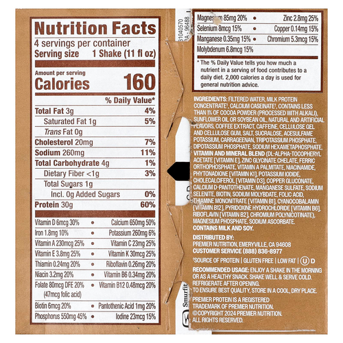 Premier Protein, высокопротеиновый коктейль, со вкусом кофе латте, 4 шт. по 325 мл (11 жидк. унций)