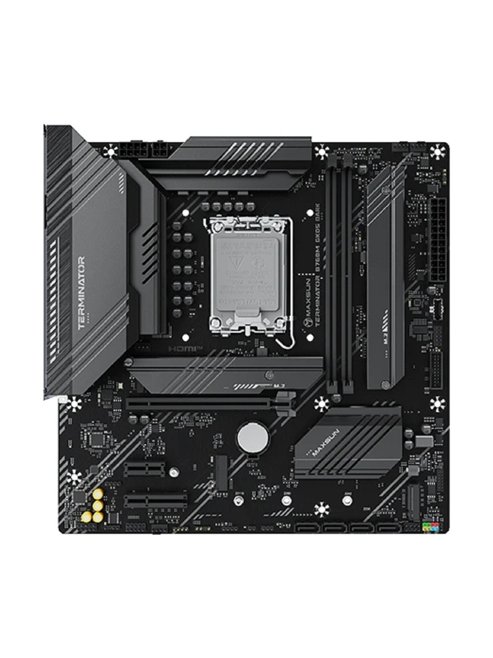 MAXSUN MS-Terminator B760M GKD5 DARK (Socket 1700, mATX, 2*DDR5, DP/HDMI, 4*SATA3, 3*M.2, 1*PCIEx16/1*PCIEx4/1*PCIEx1, LAN 1*2.5G , 6*USB2.0, 2*USB 3.2, 2*ARGB+1*RGB, black, RTL)