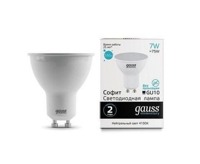 Лампа Gauss Elementary MR16 GU10 7W(550lm) 4100K 4K 57x50 матовая, пластик/алюминий 13627