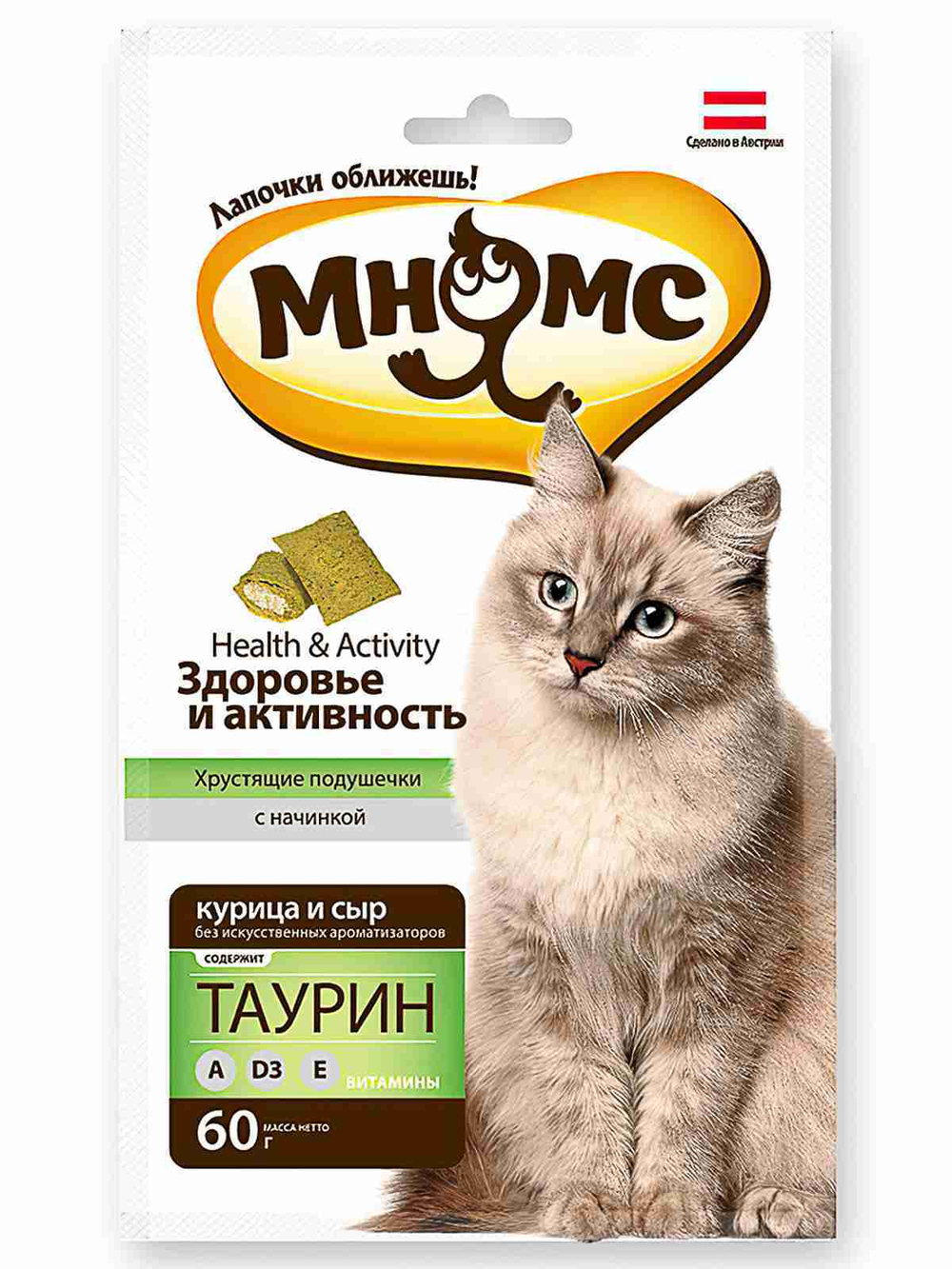 Лакомство Мнямс "Здоровье и активность" хрустящие подушечки для кошек с курицей и сыром 60 г