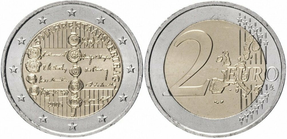 Австрия 2 евро, 2005 50 лет подписанию договора о нейтралитете Австрии UNC