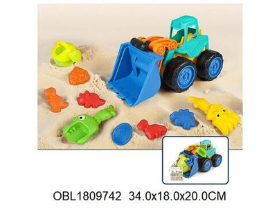 Набор для игры в песок 10 предм. Бульдозер, лейка, совок, грабли, 6 формочек, сетка OBL1809742