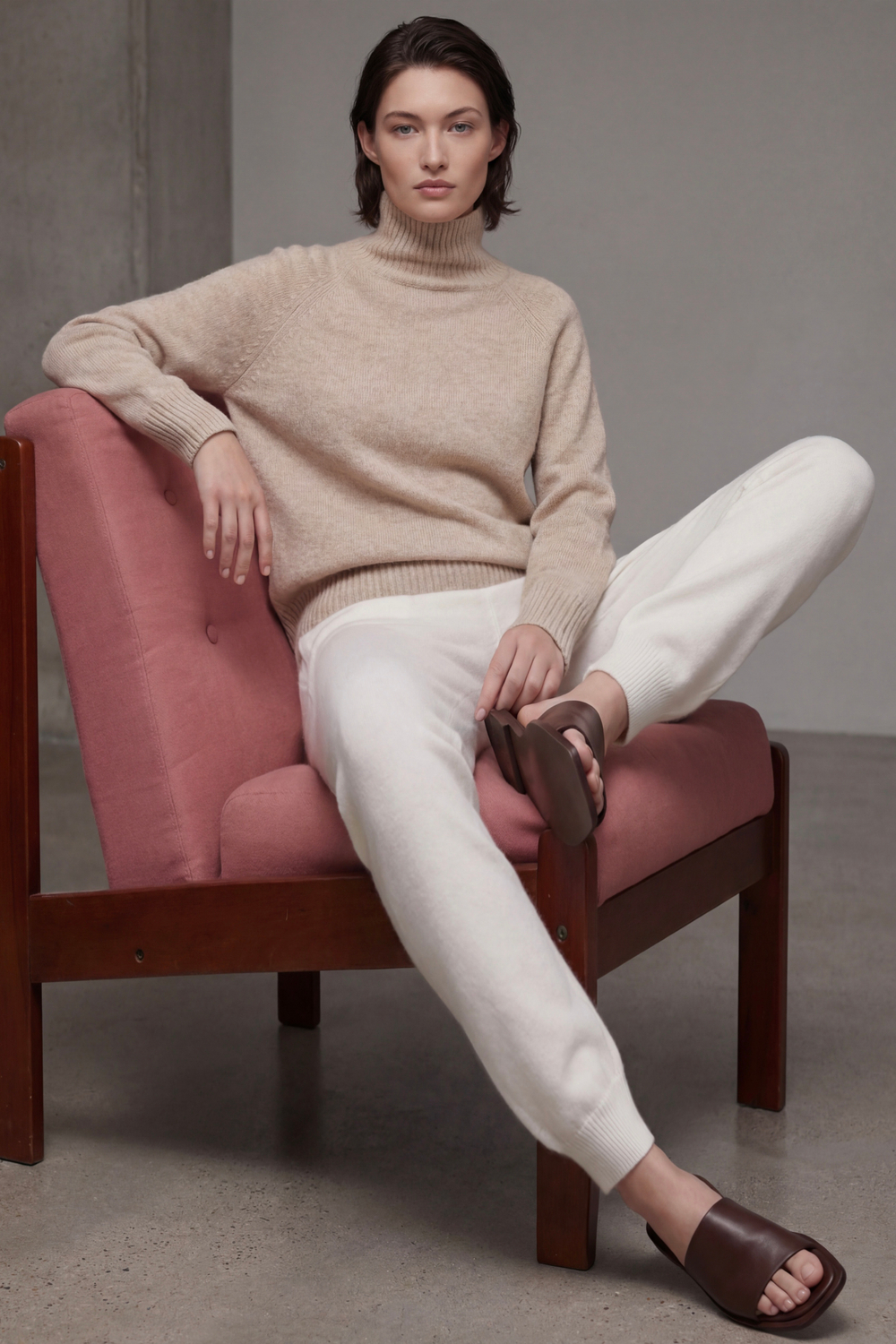 Костюм с кашемиром бежевый свитер и брюки белые