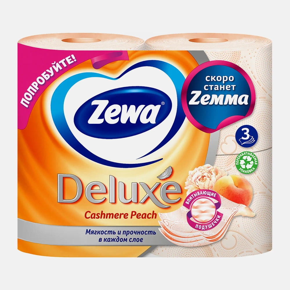Туалетная бумага Zewa Deluxe Персик 3 слоя 4 рулона в ассортименте