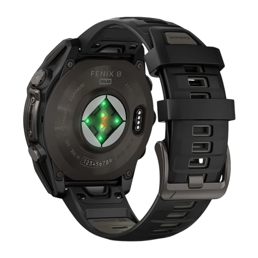 Спортивные часы Garmin fenix 8, 47 мм, Solar, титан с DLC, сапфир, силиконовый ремешок цвета чёрный/«серая галька» Тёмно-серый безель из титана с DLC-покрытием, дисплей Solar. Ремешок с классической застёжкой — на запястье обхватом 125–208 мм
