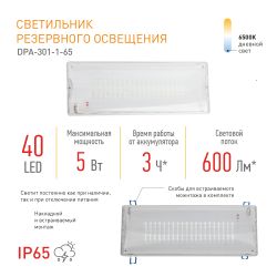 Аварийный светильник светодиодный ЭРА DPA-301-1-65 постоянный/непостоянный 40LED 3ч IP65 | Светильники аварийные