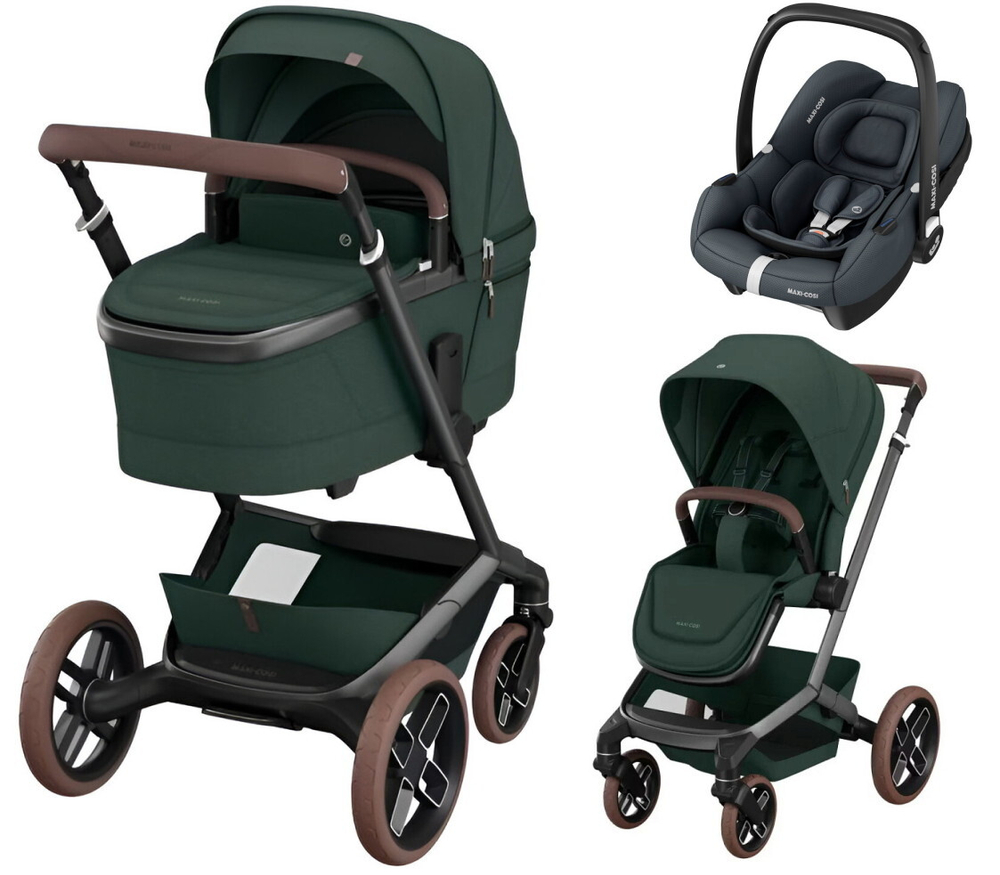 Детская коляска Maxi-Cosi Fame 3 в 1 с автокреслом CabrioFix Essential graphite Twillic Green/зеленый