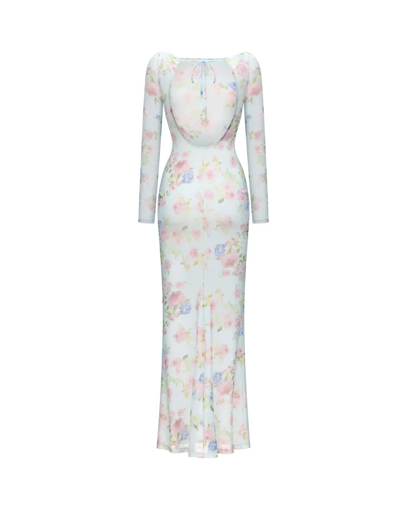 Моне макси (Monet maxi), платье макси из голубой сетки с цветочным принтом
