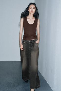 ZARA ДЖИНСЫ ZW COLLECTION WIDE LEG СО СРЕДНЕЙ ПОСАДКОЙ И ВЫТАЧКАМИ, ЧЕРНЫЙ