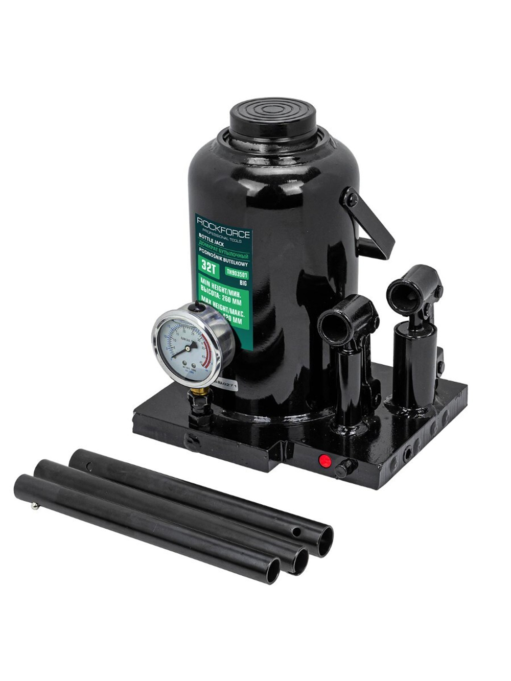 Домкрат бутылочный 32т с манометром (h min-260мм, h max-420мм) RockForce RF-TH903501 BIG