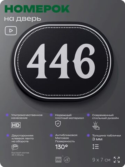 Номерок на дверь квартиры 446, для кабинета, офиса, шильдик 9 х 7 см, черный, Айдентика Технолоджи