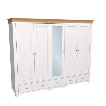 Шкаф 5-ти дверный с 4 глухими дверями 1 зеркальной дверью «Бейли» белый воск/антик