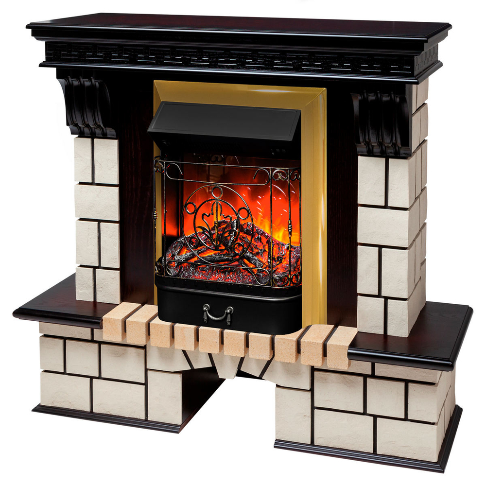 Электрокамин RealFlame Stone STD AO античный дуб с очагом Majestic Lux Brass