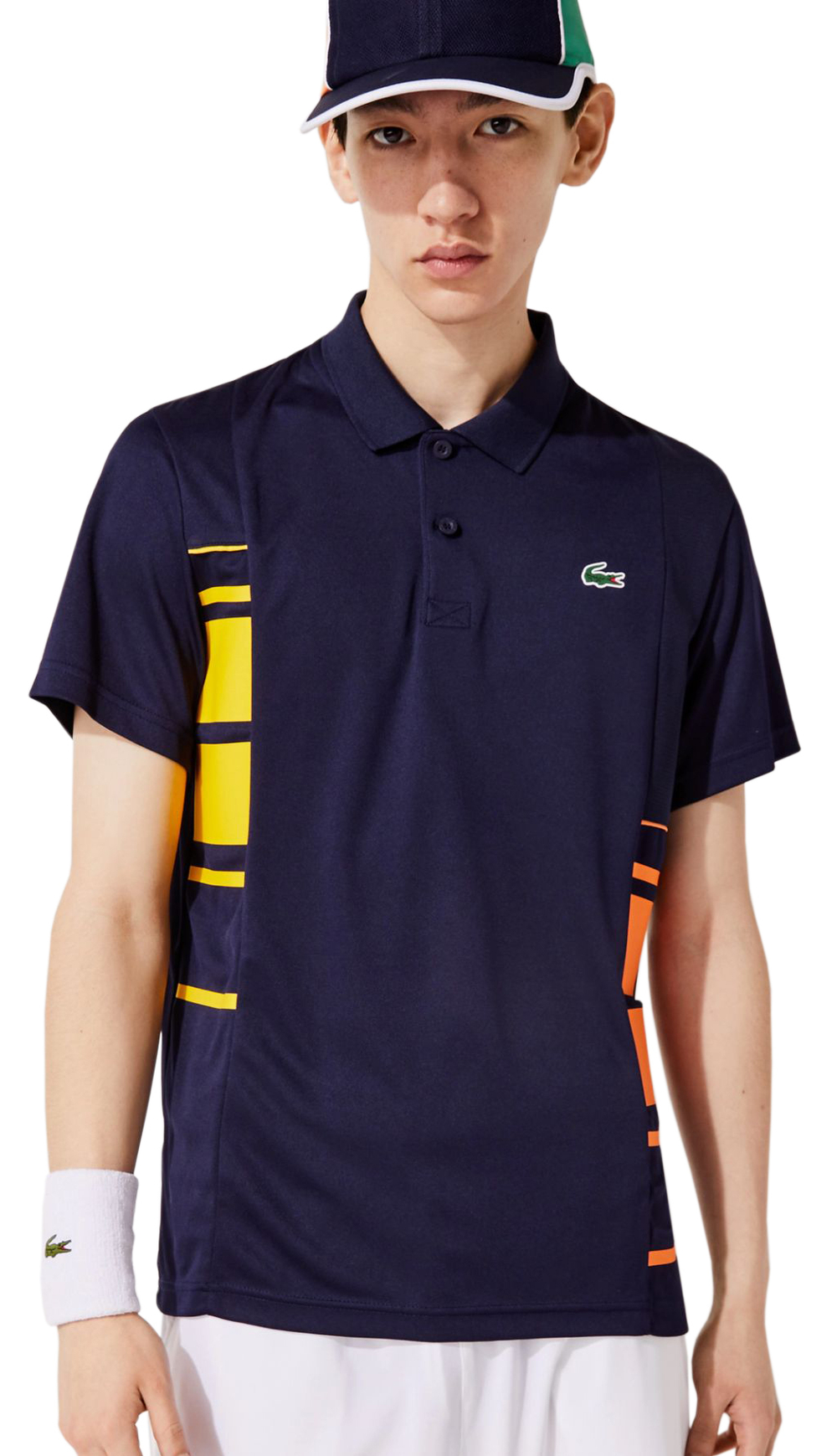 Мужское поло теннисное Lacoste Men's SPORT Colour-block Piqué And Mesh Polo Shirt - navy blue/yellow/orange