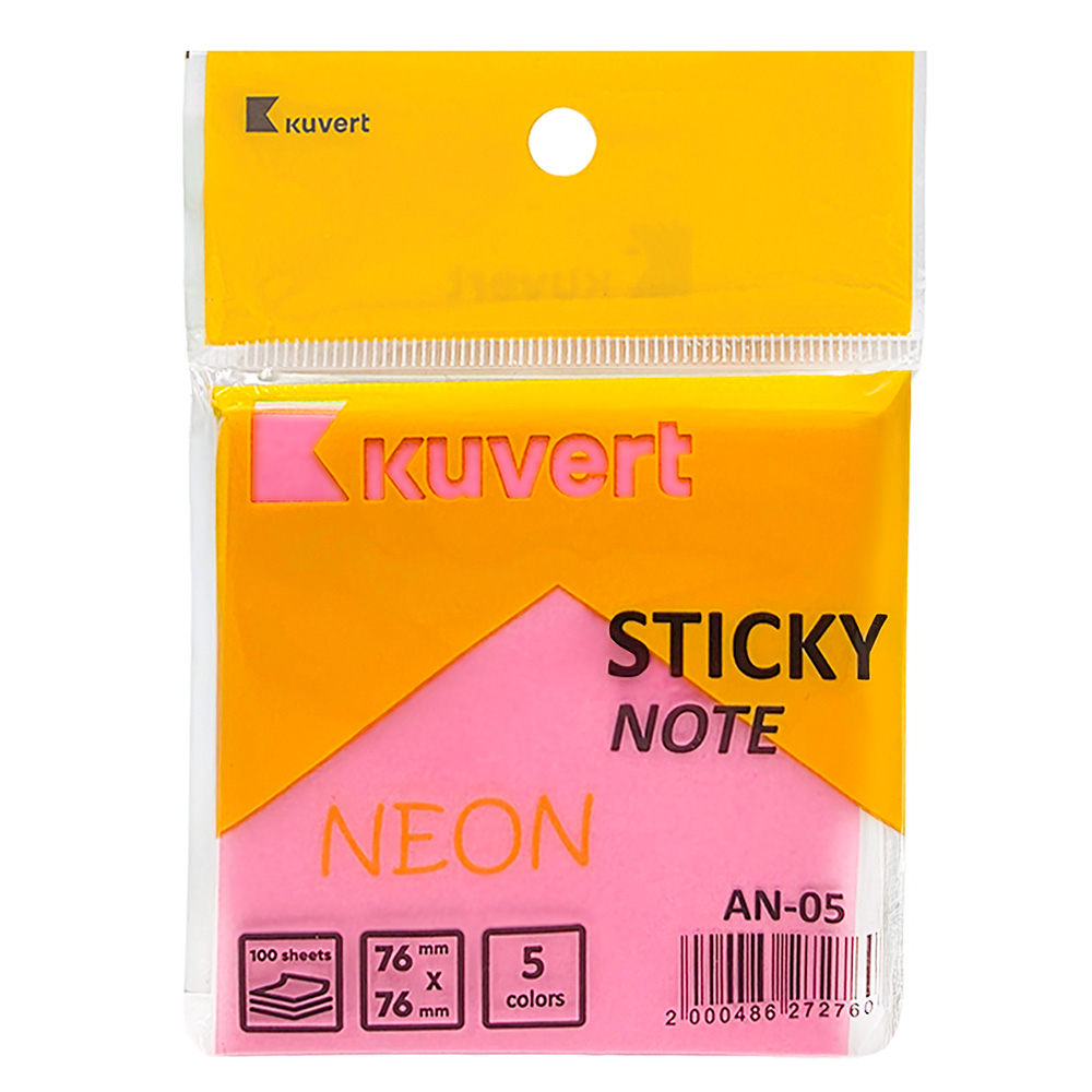 Клейкие листики KUVERT "Sticky" 76х76 мм, 5 неоновых цветов, 100 листов