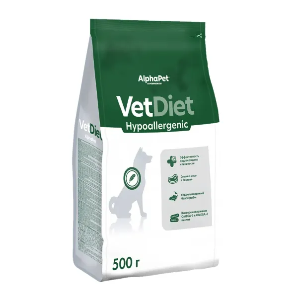 Уценка! Срок 06.08.26/ Сухой диетический корм AlphaPet VetDiet HYPOALERGENIC для взрослых собак всех пород при пищевой аллергии и непереносимости ингредиентов