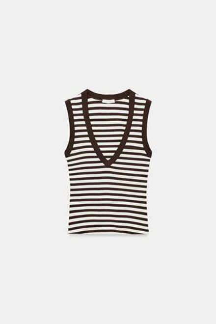 ZARA ХЛОПКОВАЯ ФУТБОЛКА С V-ОБРАЗНЫМ ВЫРЕЗОМ, ПОЛОСКИ