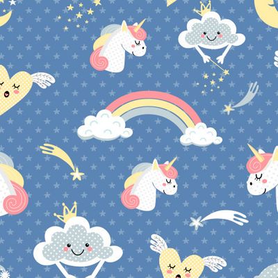 паттерн с детским рисунком ,радугами сердечками и единорогами на голубом фоне
