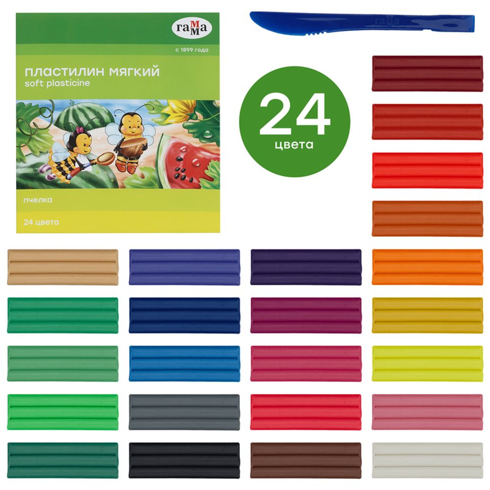Пластилин 24 цвета Гамма Пчёлка, восковой, 360гр, со стеком, картон.упак.