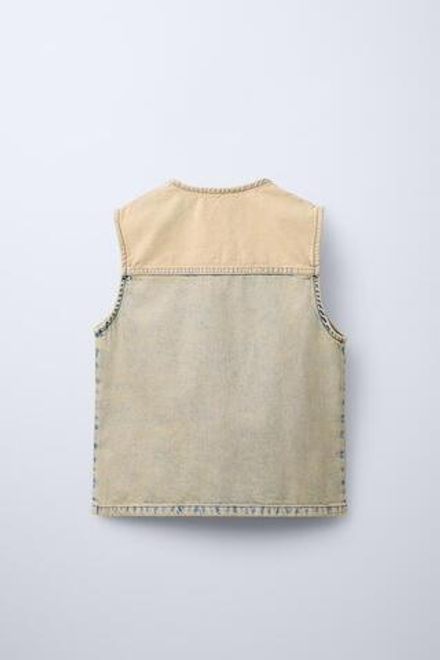ZARA ДЖИНСОВЫЙ ЖИЛЕТ С ЭФФЕКТОМ ПОТЕРТОСТИ, ПЕСОЧНЫЙ