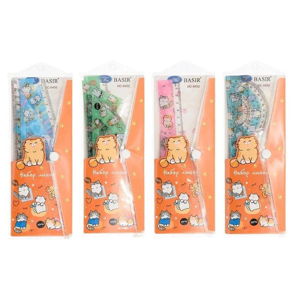 Линейка Basir пластиковая, набор 4 шт, серия "Кошки", 4 предмета: линейка 20 см, транспортир и два угольника