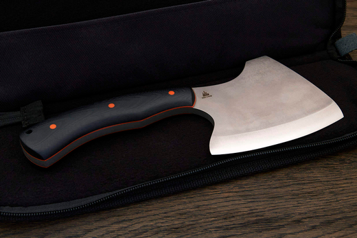 Топорик кухонный Мастерской Тать 120мм, сталь 50Х14МФ, G-10 черный (оранжевый спейсер)