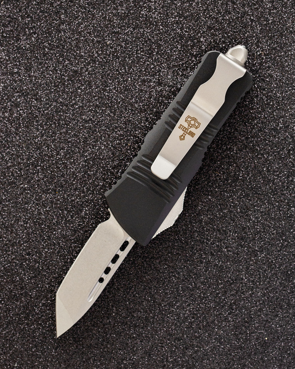 Автоматический складной нож SteelBro Mini Troodon Tanto Stonewash 240-4T (черный) фронталка/выкидуха