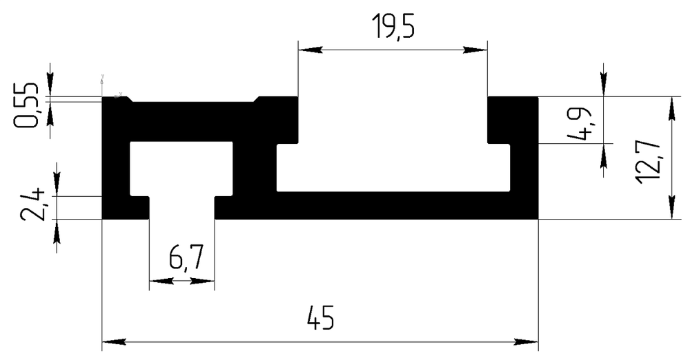 Профиль алюминиевый T-Track 45x12,7, 1,5 м, без разметки, ДБ-00000716