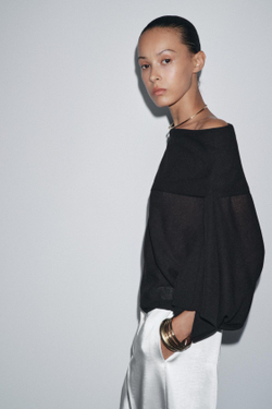 ZARA ОДНОТОННЫЙ ТРИКОТАЖНЫЙ ТОП-НАКИДКА, ЧЕРНЫЙ