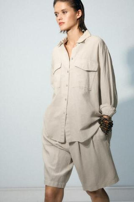 ZARA ШОРТЫ ИЗ СМЕСОВОГО ЛЬНА С ЗАЩИПАМИ — ZW COLLECTION, ЭКРЮ