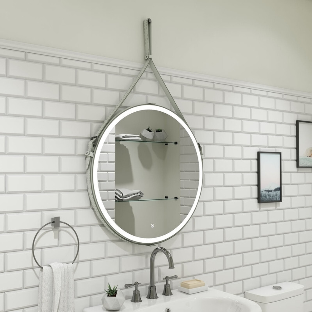 Зеркало "Millenium White Led" D 650 на ремне из натуральной кожи белого цвета