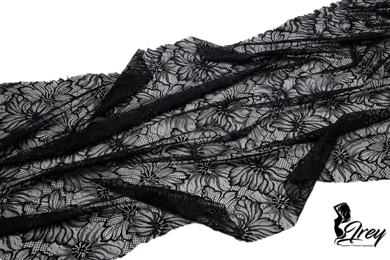 Кружевное эластичное полотно (сетка), цветы, черный