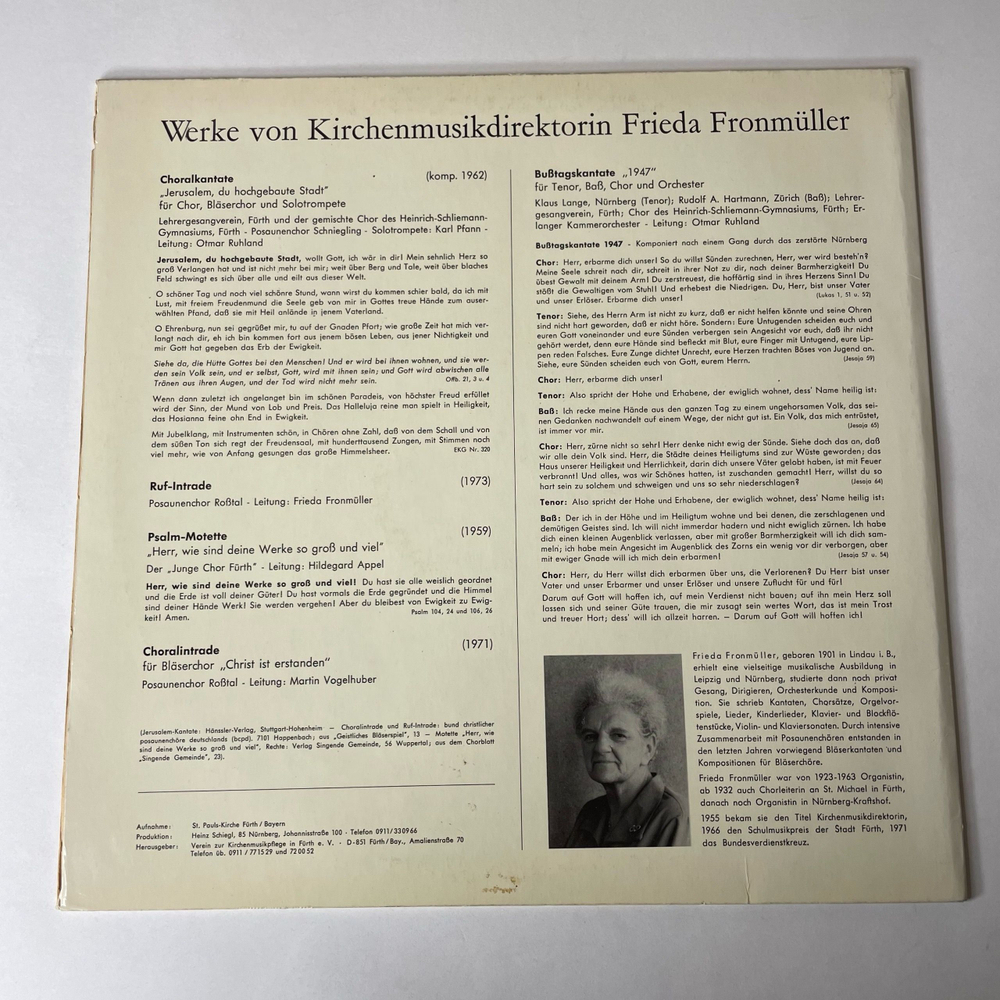 Винтажная виниловая пластинка LP Фридерика Хелен Эмма Фронмюллер Frieda Fronmuller, Werke Von Frieda Fronmuller, Kirchenmusikdirektorin (Германия 1974)